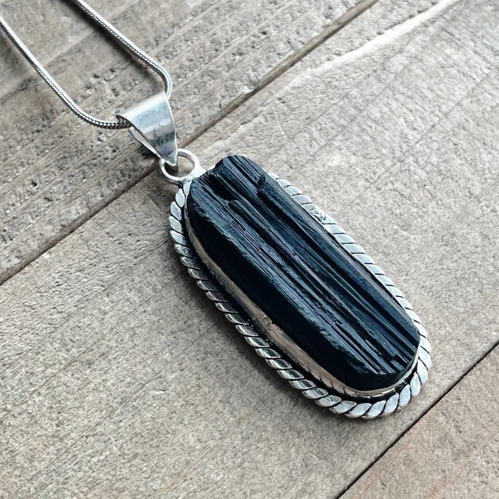 Black Tourmaline Pendant Necklace in 925 Silver on 18" Silver Snake Chain #033